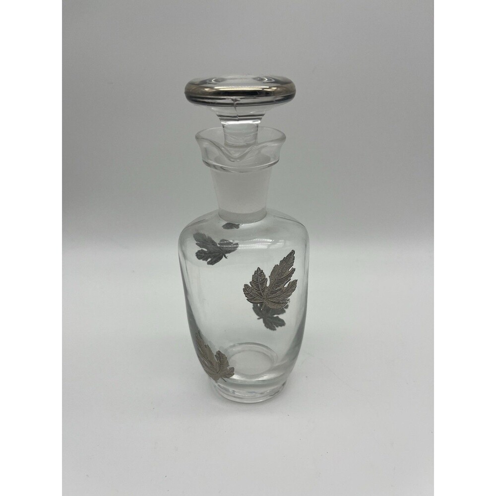 Vintage Hand-blown Glass Decanter or Bottle with stopper, Silver Leaf Design